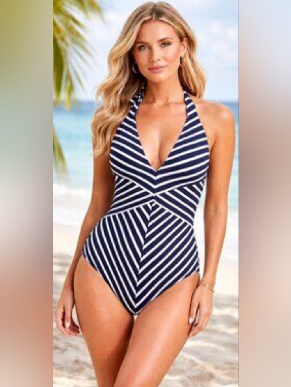 Laurel Ralph Lauren One Piece Slimming Fit Swimsuit•Striped Blue & White•Size 8